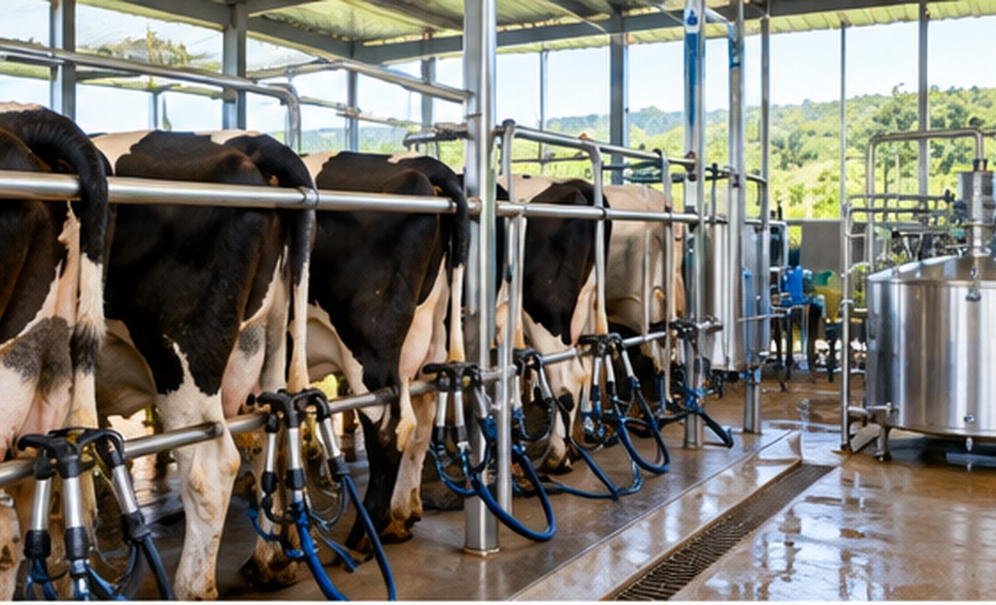 Modern dairy cows in a mechanised milking parlour